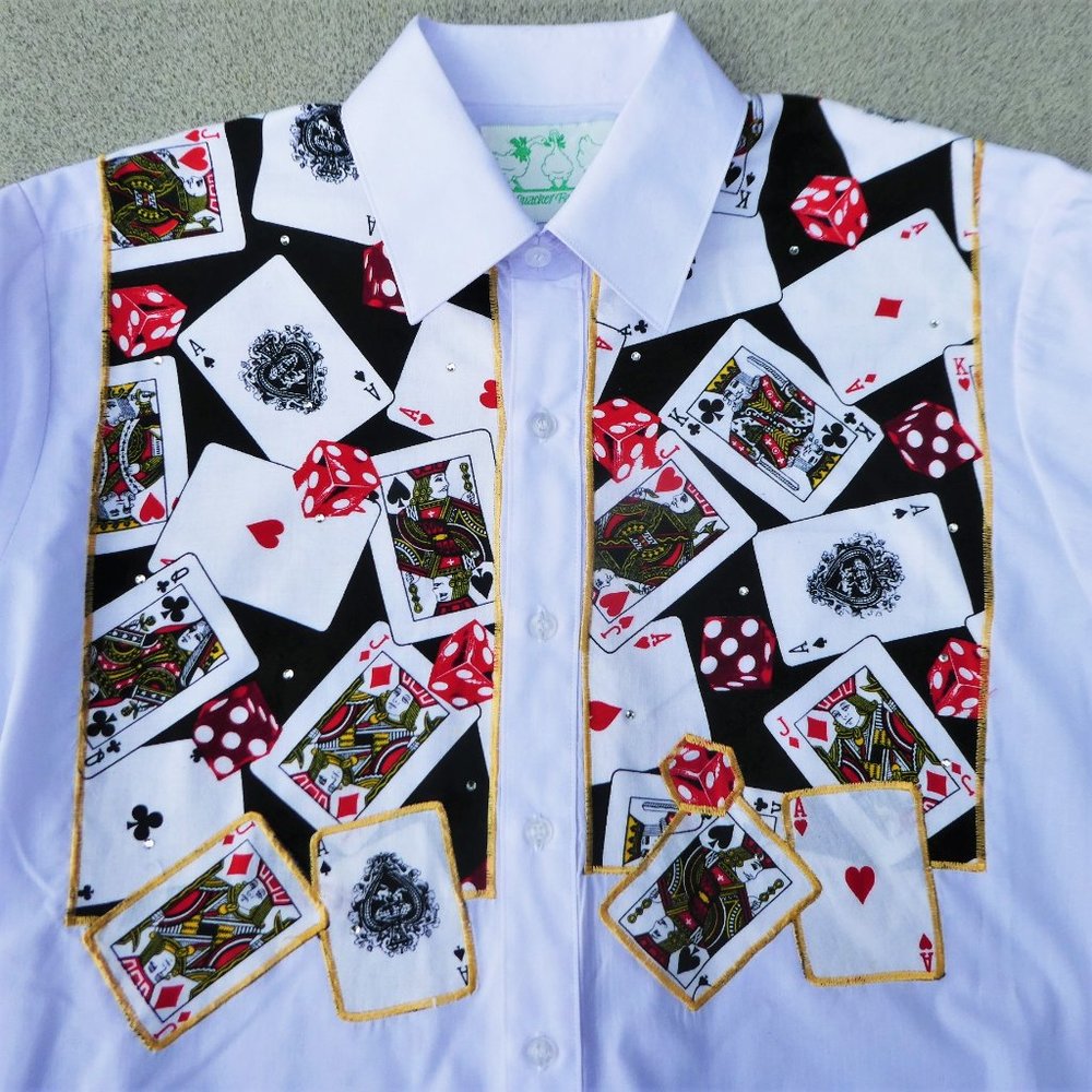 Quacker Factory Card Dice Embroidered White Shirt Casino Vegas NWOT L